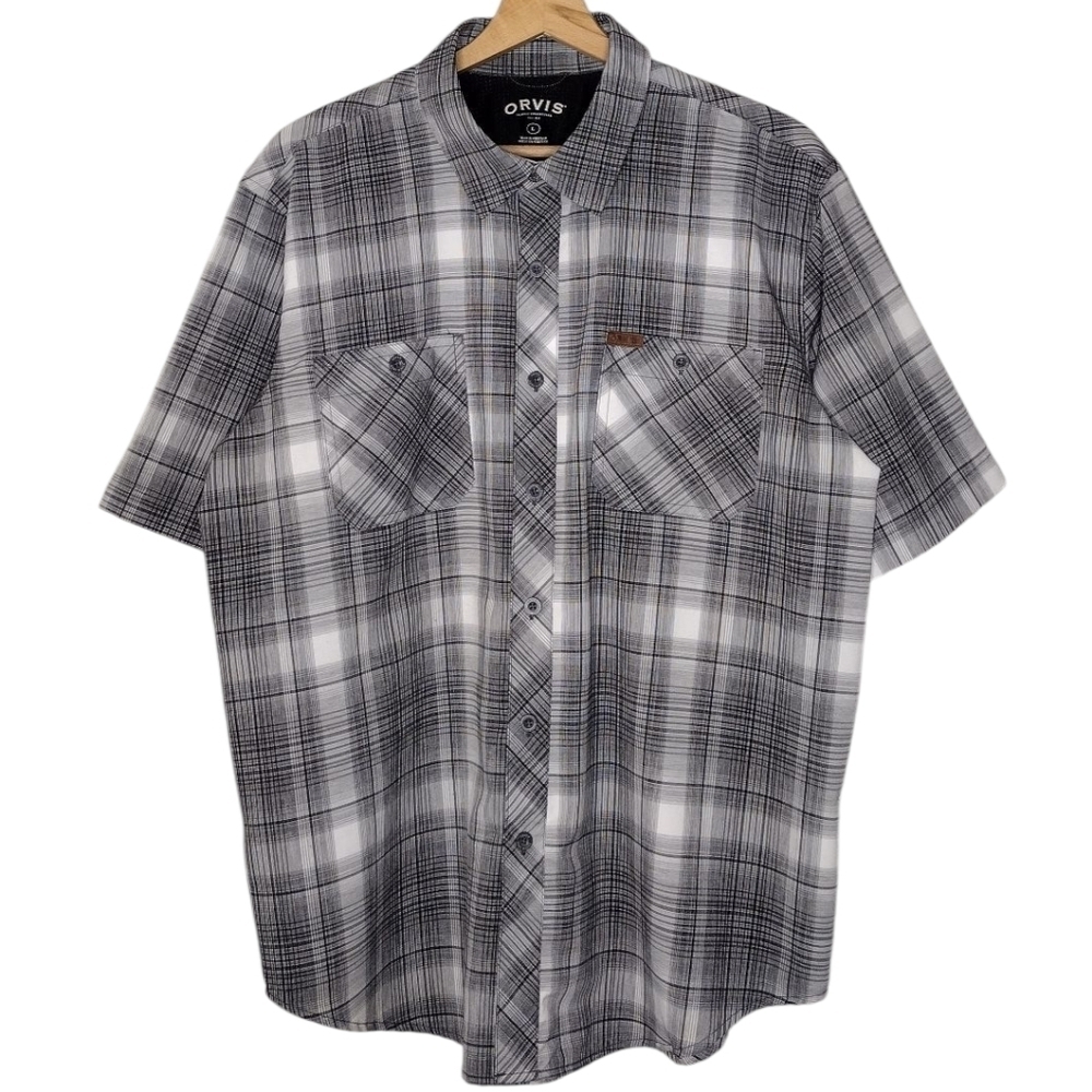 Orvis Men's Gray Plaid Short Sleeve Classic Casual Button Down Shirt Sz L